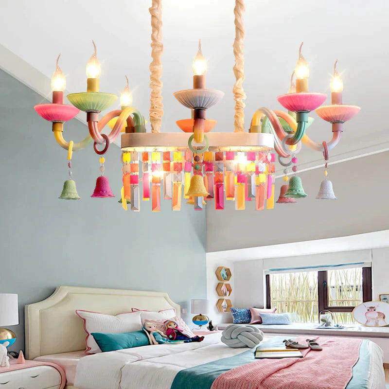 Glass Candle Suspension Light With Little Bell Kid Bedroom Kids Modern Colorful Chandelier White -