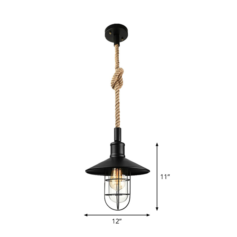 Kaylee - Farmhouse Single Iron Suspension Light Pendant In Black With Hemp Rope