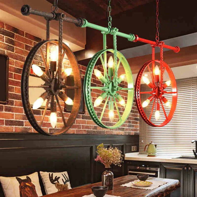 Metallic Wheel Chandelier Lamp Art Deco 6 Lights White/Black/Rust Pendant Ceiling Light For
