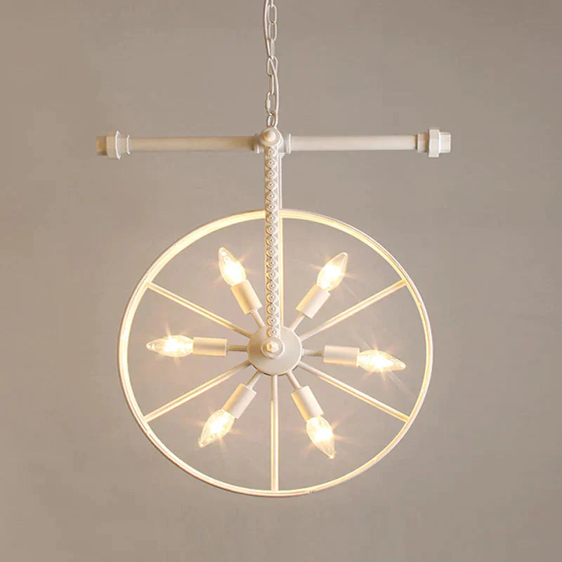 Metallic Wheel Chandelier Lamp Art Deco 6 Lights White/Black/Rust Pendant Ceiling Light For