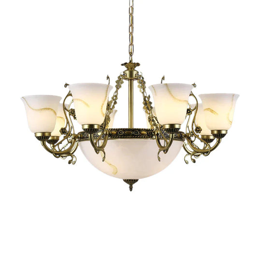 Ivory Glass Bowl/Bell Ceiling Hang Lamp Vintage 11 Lights Bedroom Chandelier Lighting