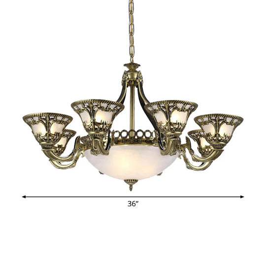 Ivory Glass Bowl/Bell Ceiling Hang Lamp Vintage 11 Lights Bedroom Chandelier Lighting