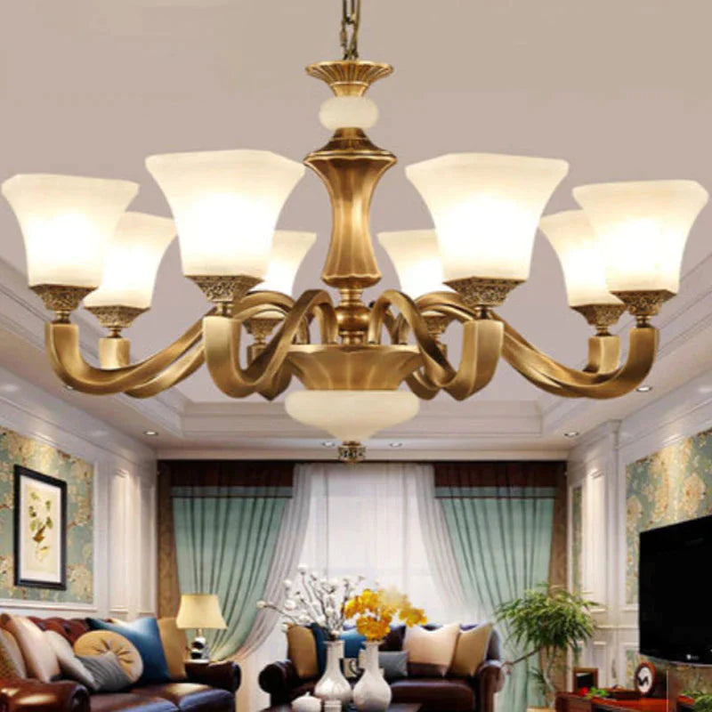 White Glass Pagoda Up Chandelier Traditional 3/6 - Head Bedroom Hanging Pendant Light In Brass