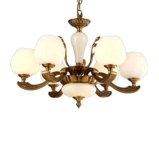 Traditional Bud Shaped Hanging Lamp 3/6 Lights Frosted White Glass Chandelier In Brass 6 /