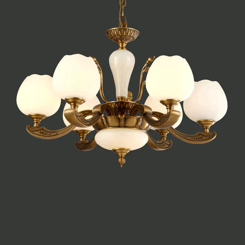 Traditional Bud Shaped Hanging Lamp 3/6 Lights Frosted White Glass Chandelier In Brass