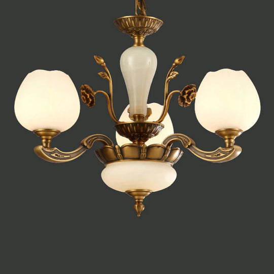 Traditional Bud Shaped Hanging Lamp 3/6 Lights Frosted White Glass Chandelier In Brass