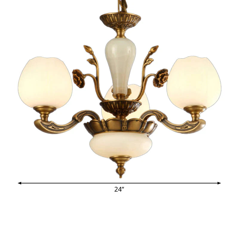 Traditional Bud Shaped Hanging Lamp 3/6 Lights Frosted White Glass Chandelier In Brass