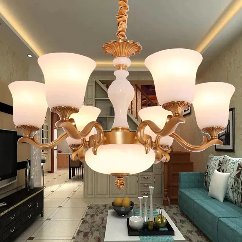 6 - Light Bell Up Chandelier Lamp Vintage Brass Cream Glass Pendant Light Fixture For Bedroom