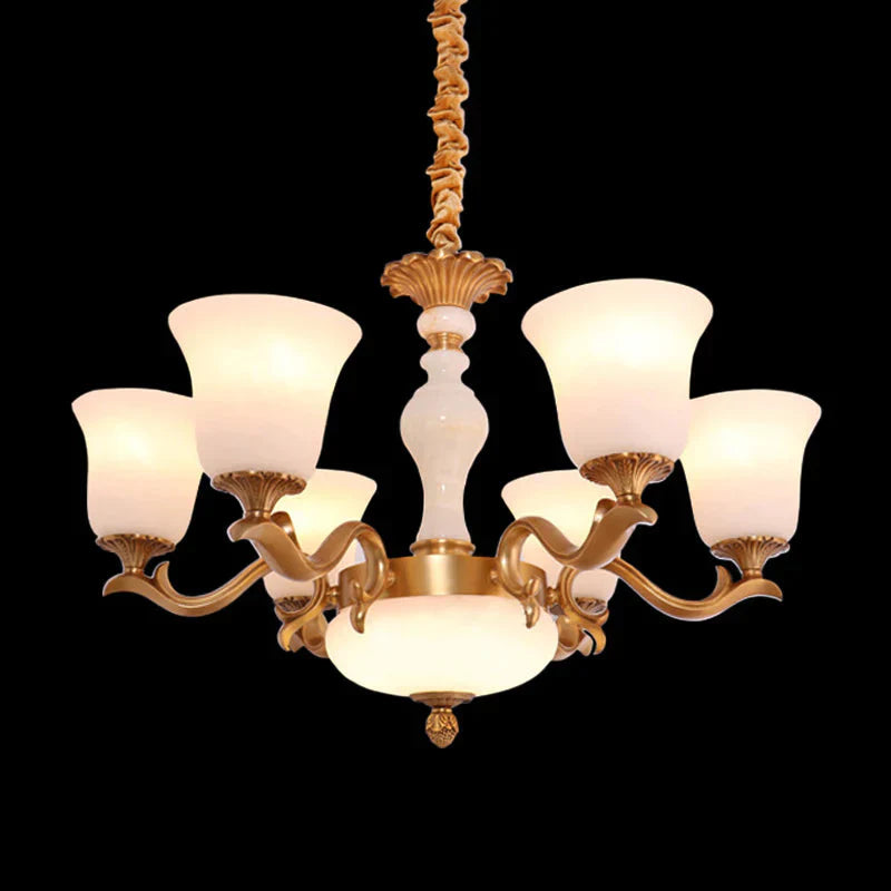 6 - Light Bell Up Chandelier Lamp Vintage Brass Cream Glass Pendant Light Fixture For Bedroom