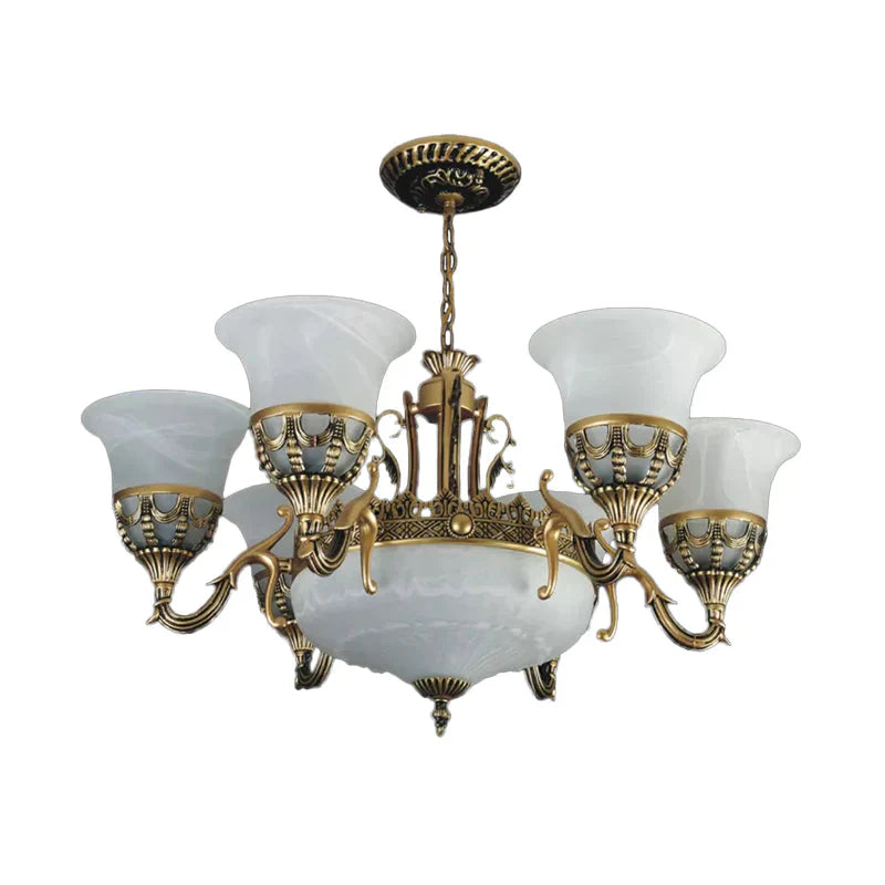 Flared Shade Alabaster Glass Chandelier Traditional 9 Heads Dining Room Suspension Light In Bronze