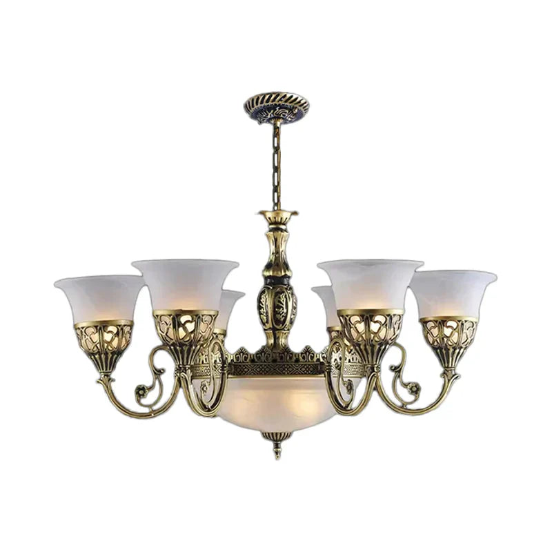 9 Bulbs Opal Frosted Glass Pendant Lamp Retro Bronze Flared Living Room Ceiling Chandelier