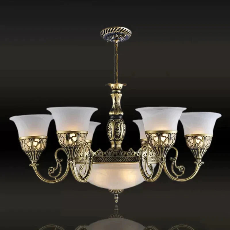 9 Bulbs Opal Frosted Glass Pendant Lamp Retro Bronze Flared Living Room Ceiling Chandelier