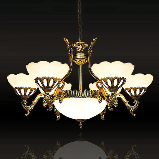 Scalloped Living Room Ceiling Pendant Traditional White Glass 9 - Head Brass Finish Chandelier