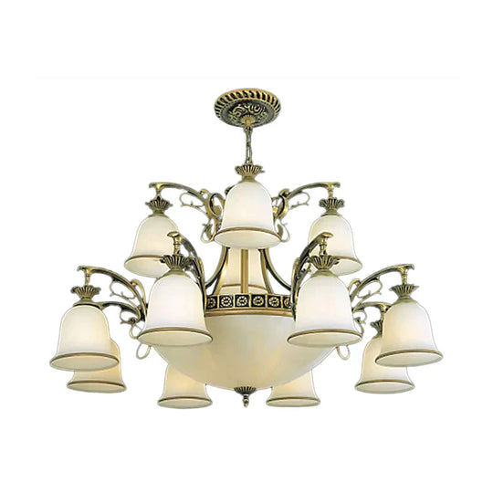 15 - Light Chandelier Rustic Living Room Ceiling Hang Lamp With Tiered Bell Opal Glass Shade In