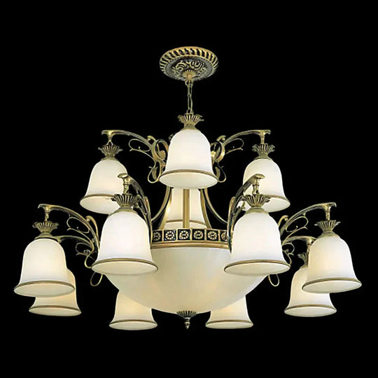15 - Light Chandelier Rustic Living Room Ceiling Hang Lamp With Tiered Bell Opal Glass Shade In