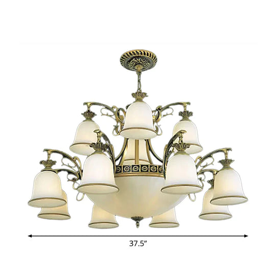 15 - Light Chandelier Rustic Living Room Ceiling Hang Lamp With Tiered Bell Opal Glass Shade In