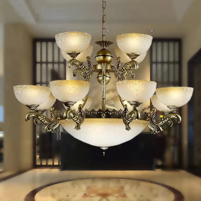 Frosted Patterned Glass Bowl Drop Lamp Rustic 15 - Light Living Room Ceiling Chandelier In Bronze