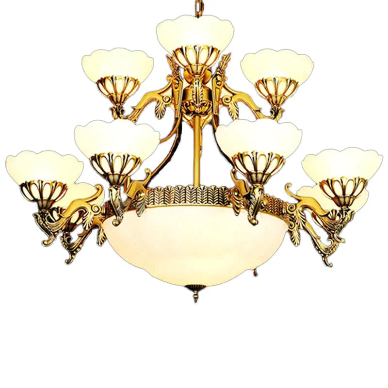 Traditional Brass Multi - Tiered 15 Bulbs Chandelier In Cream Glass