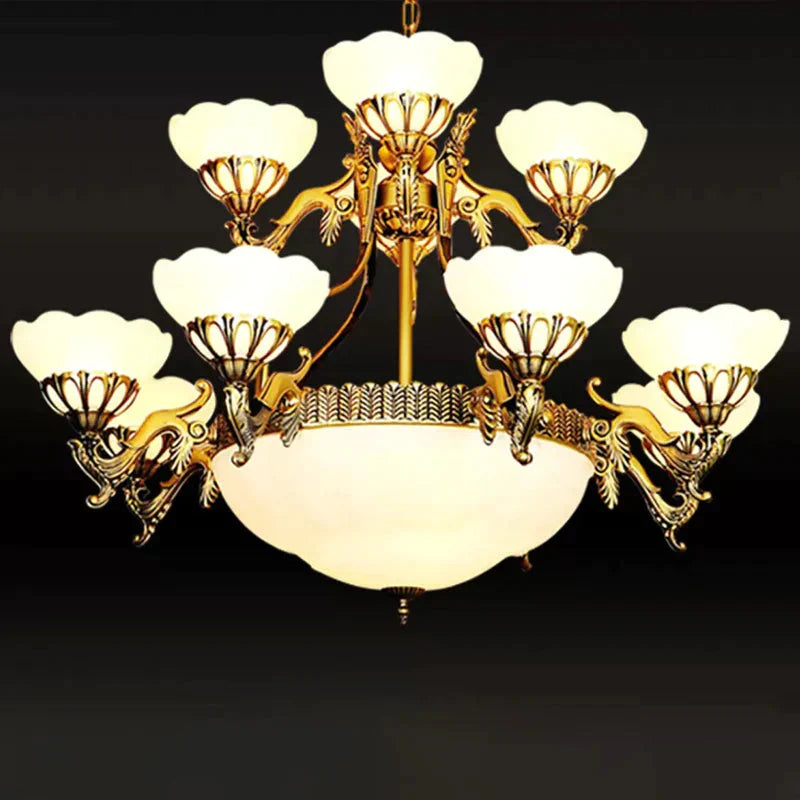 Traditional Brass Multi - Tiered 15 Bulbs Chandelier In Cream Glass