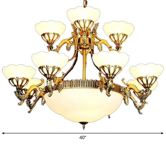 Traditional Brass Multi - Tiered 15 Bulbs Chandelier In Cream Glass