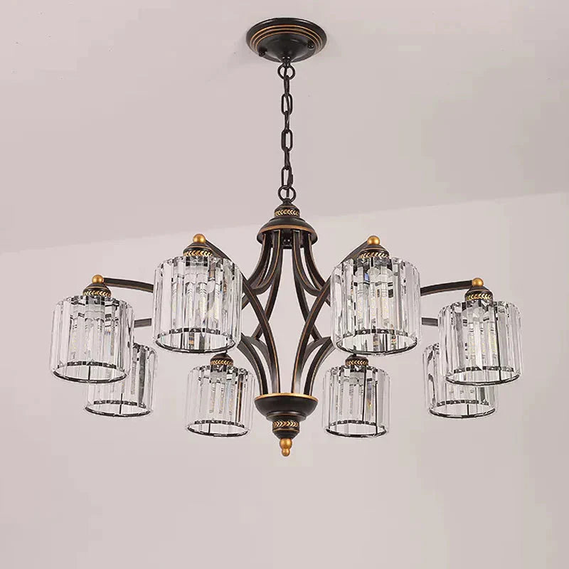 6/8 Lights Chandelier Retro Cylinder/Bell Clear Crystal/White Glass Hanging Pendant In Black/Gold