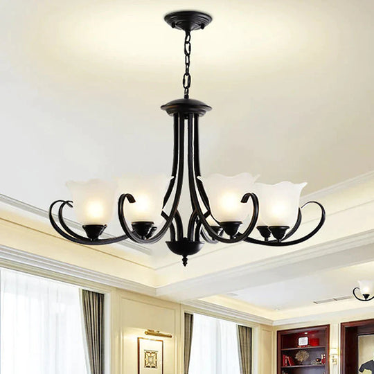 Opal Frosted Glass Black Chandelier Floral 3/8/9 - Light Farmhouse Ceiling Pendant Lamp With