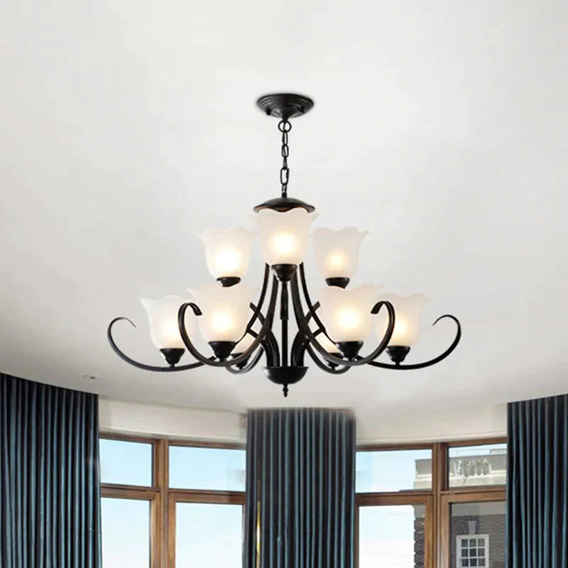 Opal Frosted Glass Black Chandelier Floral 3/8/9 - Light Farmhouse Ceiling Pendant Lamp With