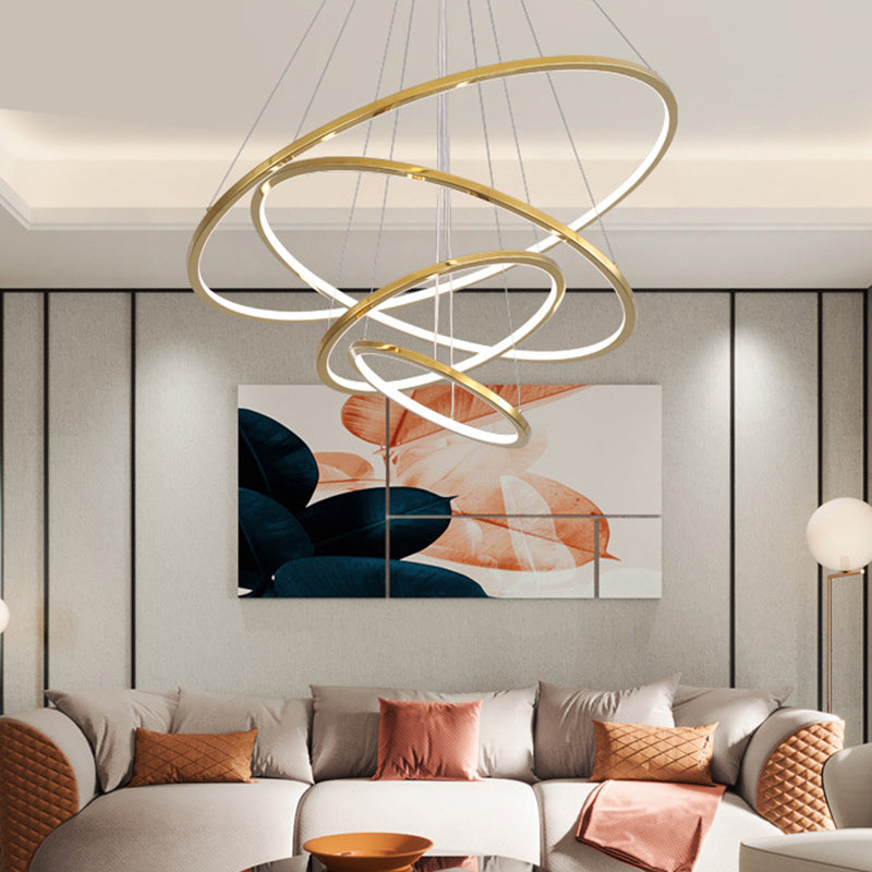 Gold Multi - Tire Chandelier Lamp Simplicity Stainless Steel Led Circle Ceiling Pendant / 4 Tiers