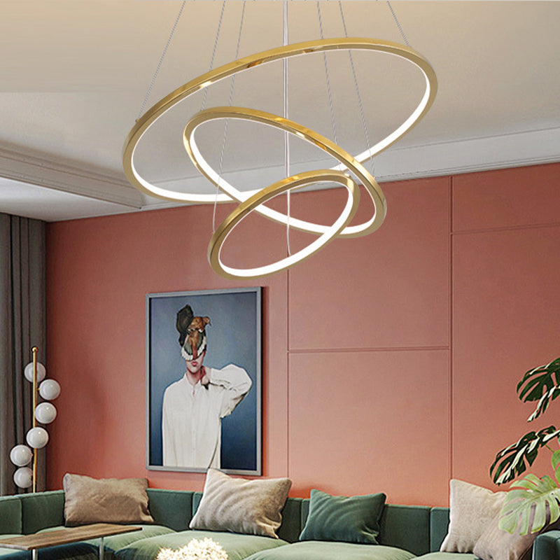 Gold Multi - Tire Chandelier Lamp Simplicity Stainless Steel Led Circle Ceiling Pendant / 3 Tiers