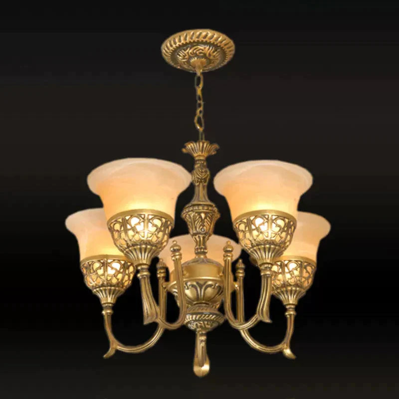 Bronze 5 - Light Up Chandelier Antiqued Style Frosted Glass Flared Ceiling Hang Lamp