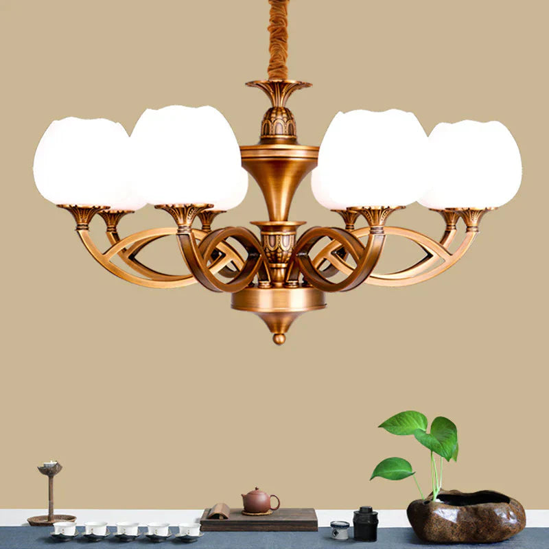 Flowerbud Living Room Ceiling Chandelier Traditional White Glass 3/6/8 Bulbs Brass Suspension Lamp