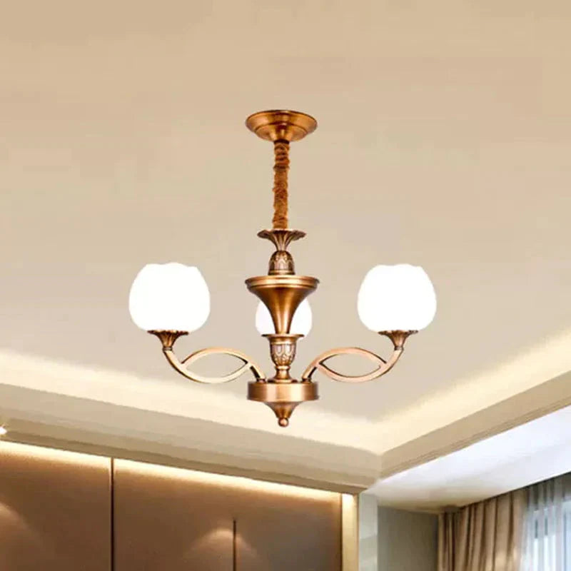 Flowerbud Living Room Ceiling Chandelier Traditional White Glass 3/6/8 Bulbs Brass Suspension Lamp