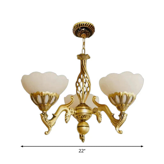 Gold 3 Heads Chandelier Lighting Traditional Ivory Glass Flower Hanging Light Fixture