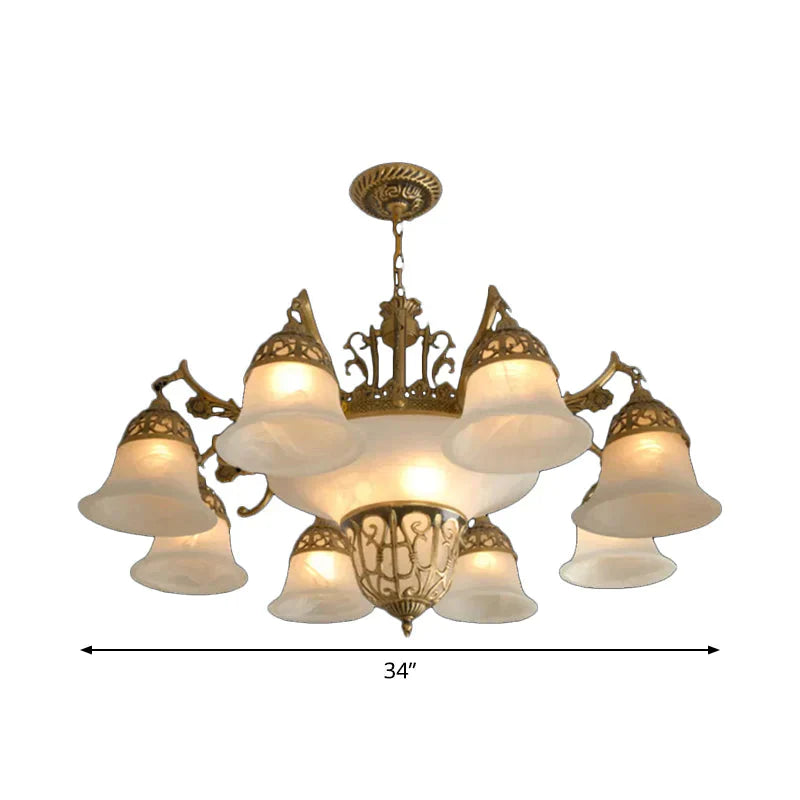 11 Bulbs Down Chandelier Retro Living Room Hanging Light Kit With Bell Alabaster Glass Shade In