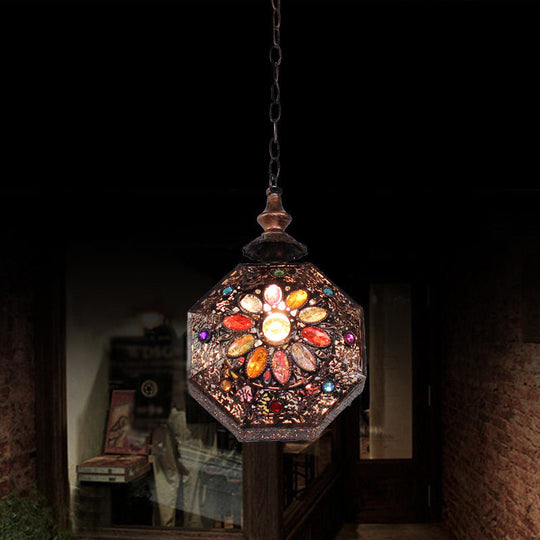 Maria - Copper Octagonal Pendant Lamp: Bohemian Stained Glass Hanging Lantern