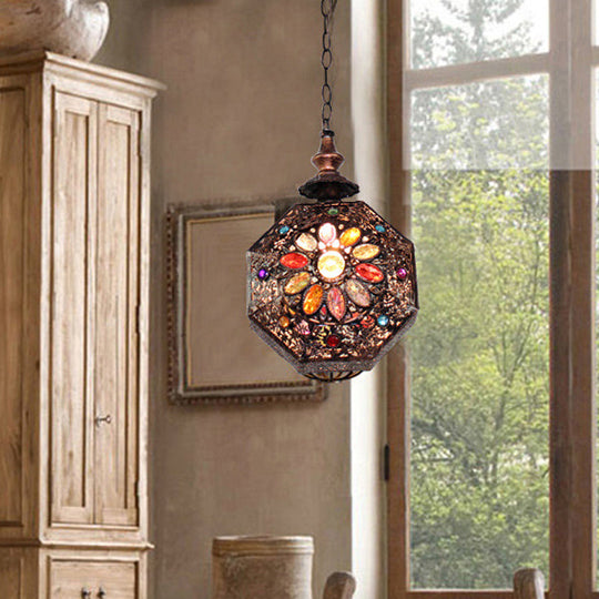 Maria - Copper Octagonal Pendant Lamp: Bohemian Stained Glass Hanging Lantern