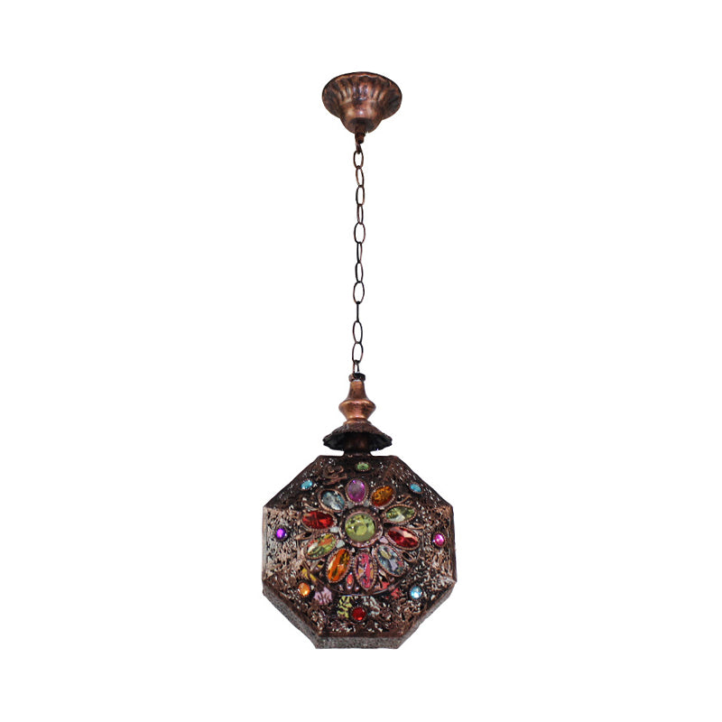 Maria - Copper Octagonal Pendant Lamp: Bohemian Stained Glass Hanging Lantern