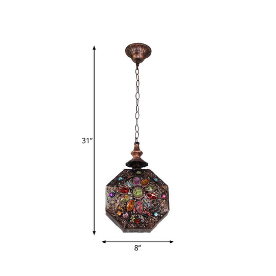 Maria - Copper Octagonal Pendant Lamp: Bohemian Stained Glass Hanging Lantern