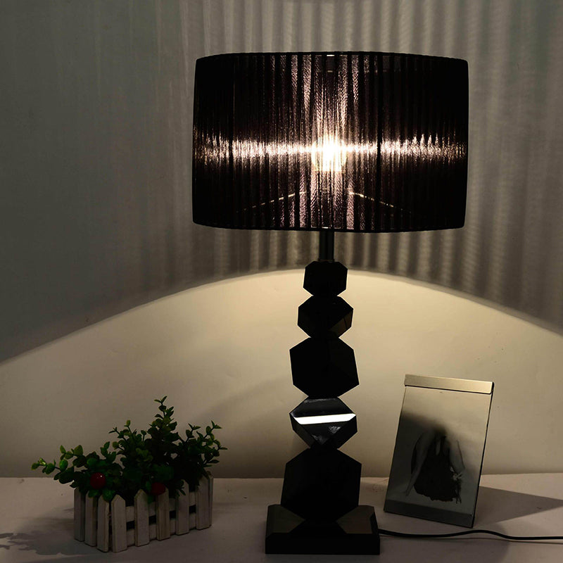 Elnath - Black Drum Nightstand Lamp Modern 12/13 W Single Pleated Fabric Table Light With Rock