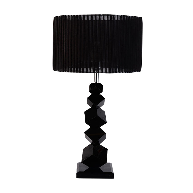 Elnath - Black Drum Nightstand Lamp Modern 12/13 W Single Pleated Fabric Table Light With Rock