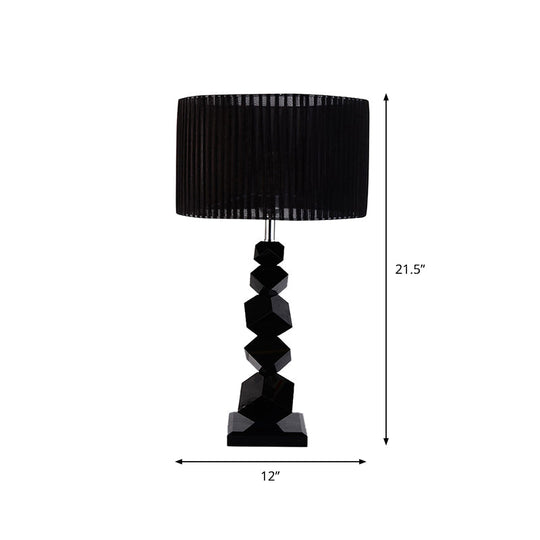 Elnath - Black Drum Nightstand Lamp Modern 12/13 W Single Pleated Fabric Table Light With Rock