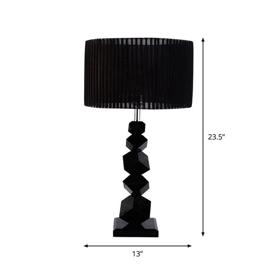 Elnath - Black Drum Nightstand Lamp Modern 12/13 W Single Pleated Fabric Table Light With Rock