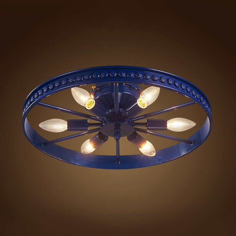 Farmhouse - Style 6 - Head Semi Flush Ceiling Light - Metallic Wheel Shade Lamp In Black/Bronze For