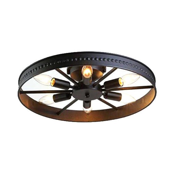 Farmhouse - Style 6 - Head Semi Flush Ceiling Light - Metallic Wheel Shade Lamp In Black/Bronze For