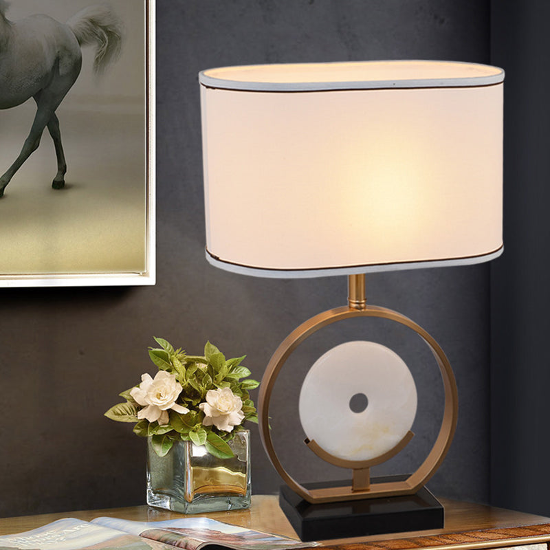 Laura - Ellipse Nightstand Light Modern Fabric 1 White Table Lamp With Faux Jade Decor