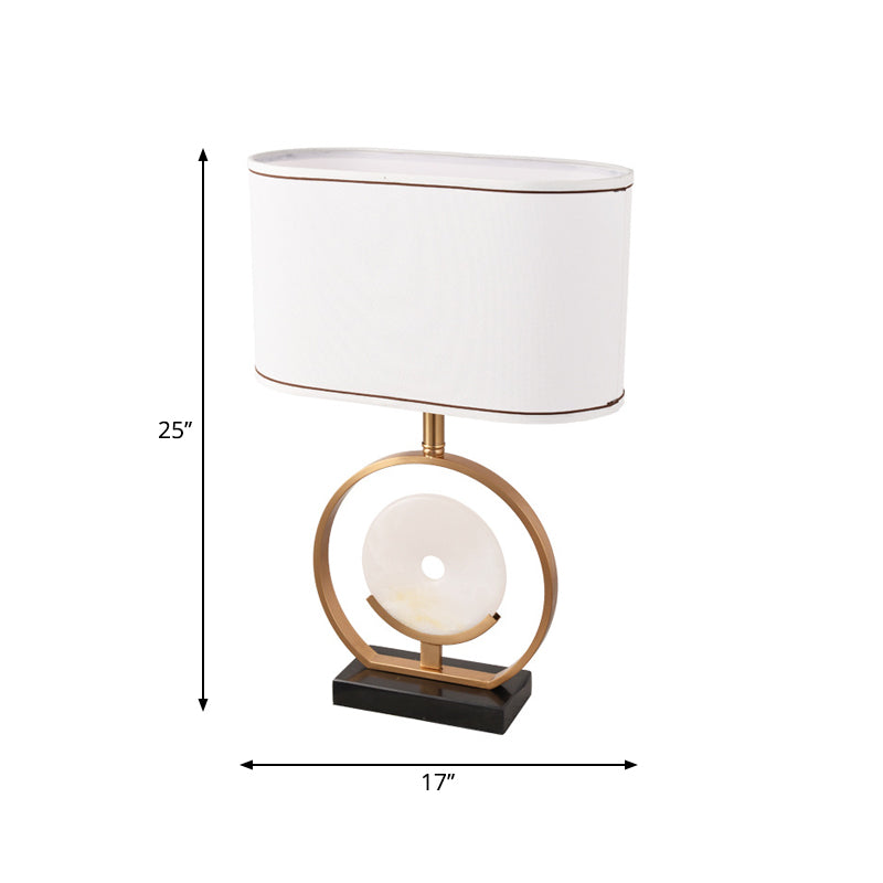 Laura - Ellipse Nightstand Light Modern Fabric 1 White Table Lamp With Faux Jade Decor