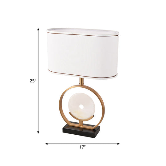 Laura - Ellipse Nightstand Light Modern Fabric 1 White Table Lamp With Faux Jade Decor