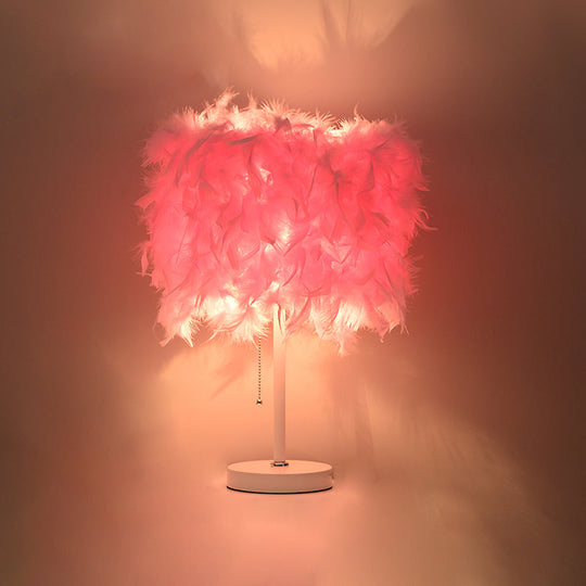 Avery - Romantic White/Red/Pink Cylindrical Table Lamp Modern 1 Bulb Feather Pull - Chain