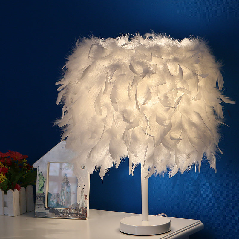 Clara - 14 10/14 Wide Cylinder Shaped Night Light Modern Feather 1 Head Bedside Table Lamp In