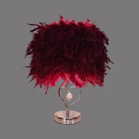 Riley - Modern Single Nightstand Lamp Red/White/Pink Bucket Shaped Table Light With Feather Shade